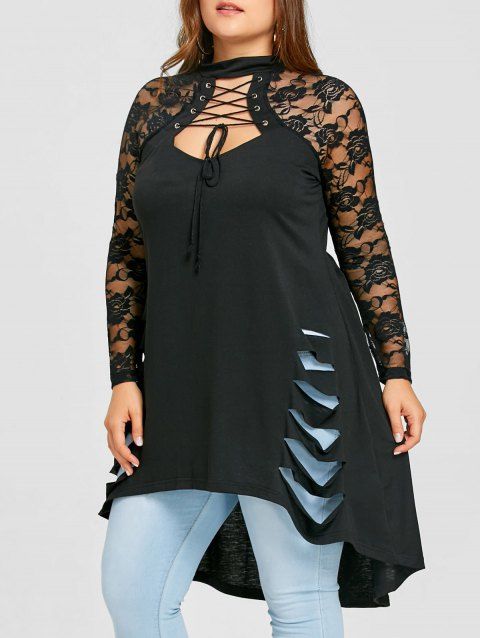 [41% OFF] 2019 Plus Size Lace Panel Ripped Tunic Top In BLACK | DressLily