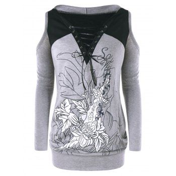 

Plus Size Cold Shoulder Lace Up Printed Hooded Top, Gray