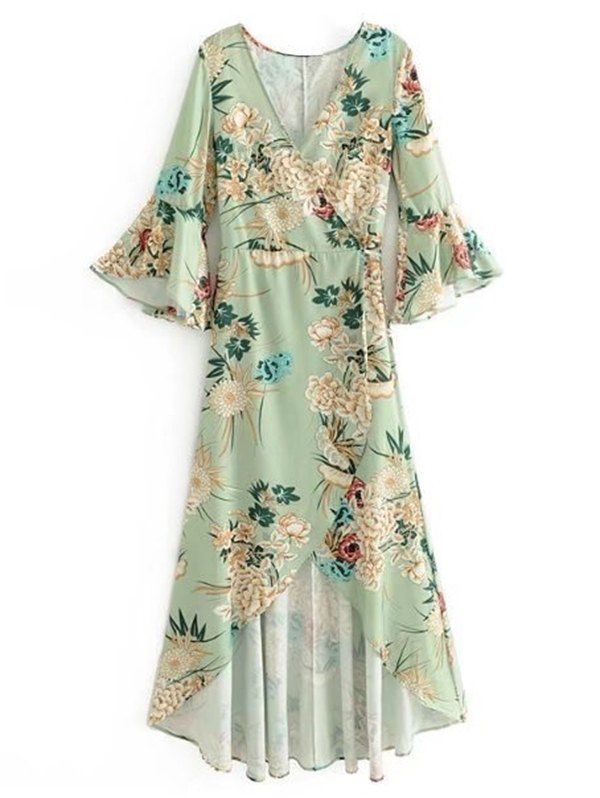 

Wrap Floral Flouncy Sleeve Maxi Dress, Light green