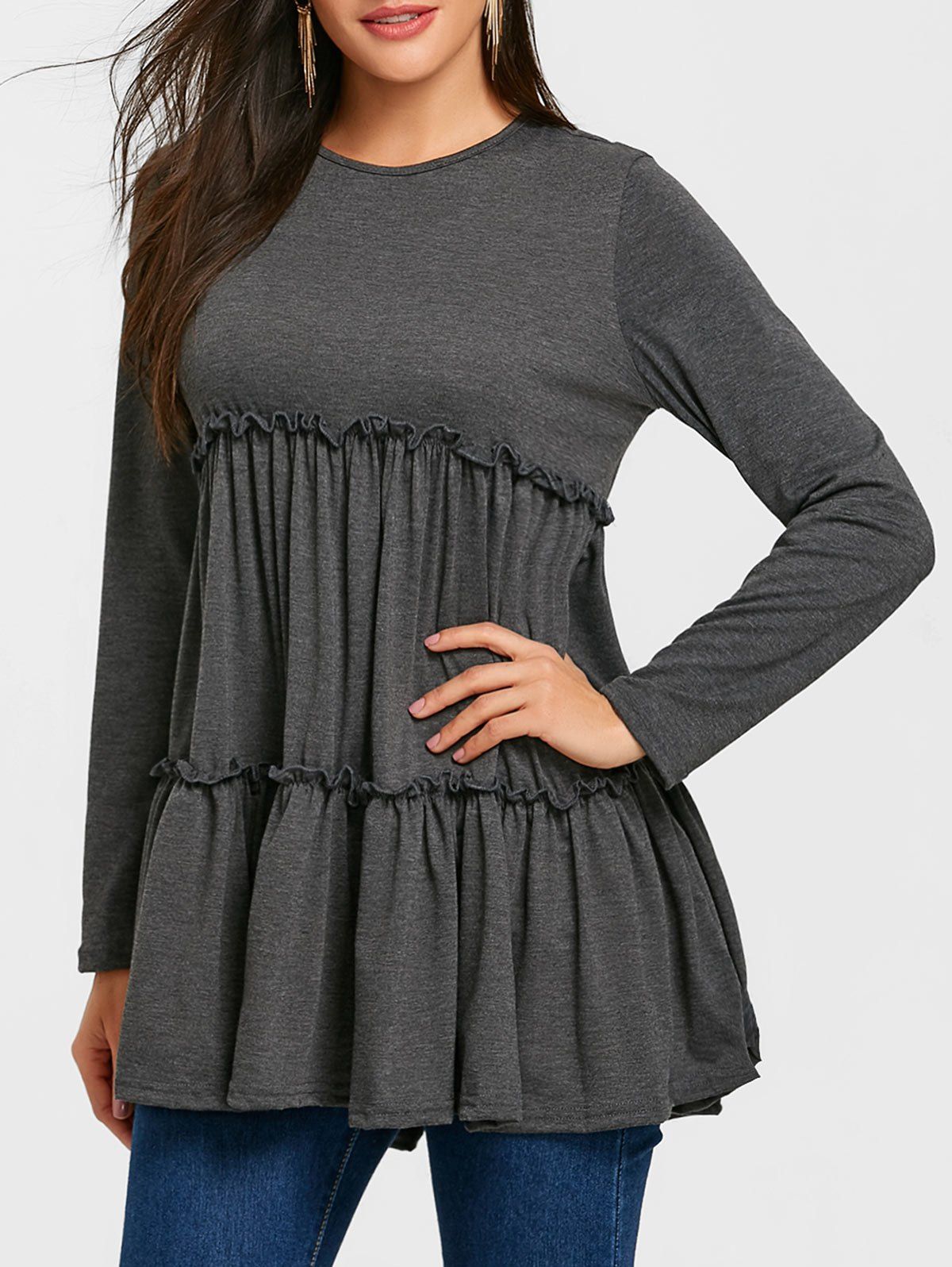 

Long Sleeve Ruffle Tunic Top, Gray