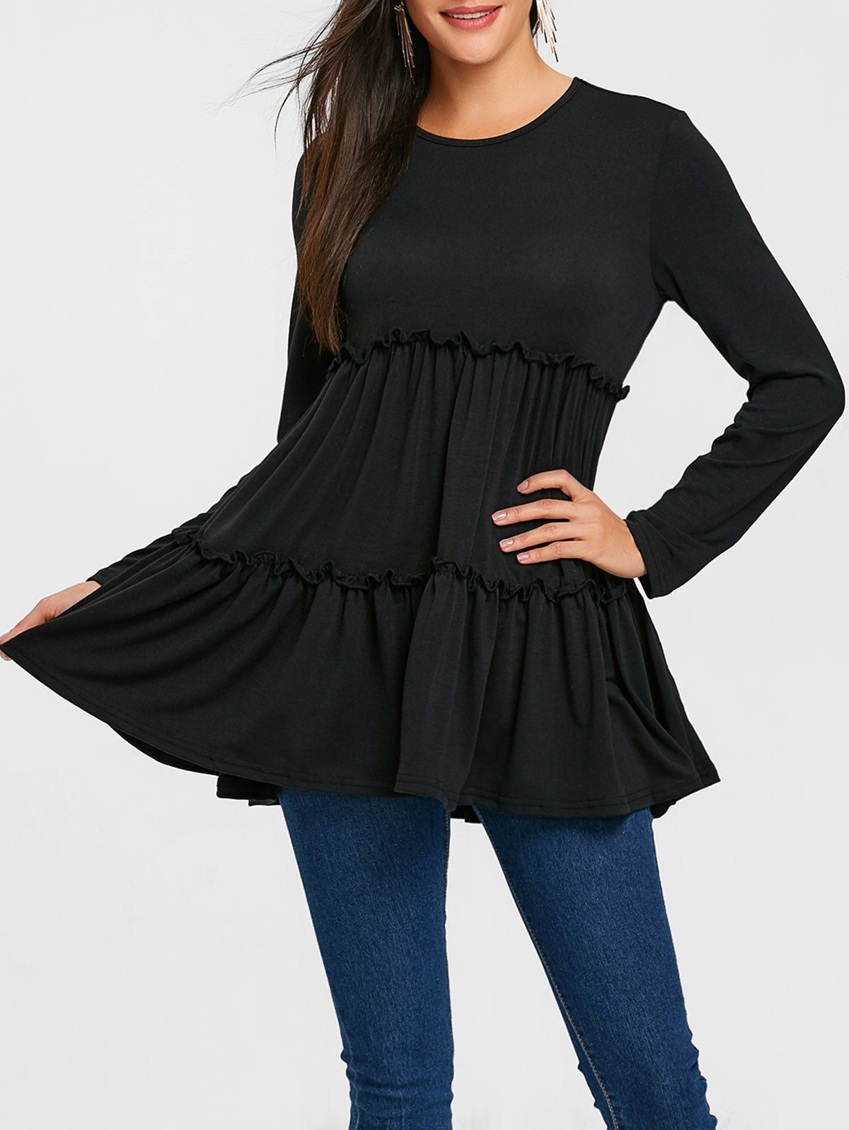 

Long Sleeve Ruffle Tunic Top, Black