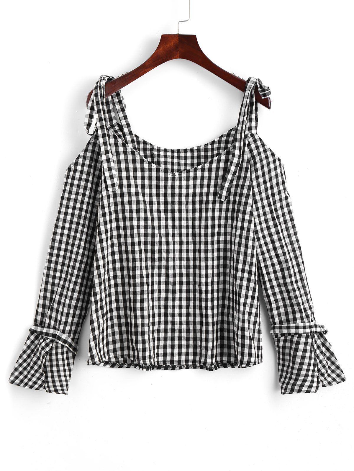 

Plaid Open Sleeve Cold Shoulder Blouse, Checked