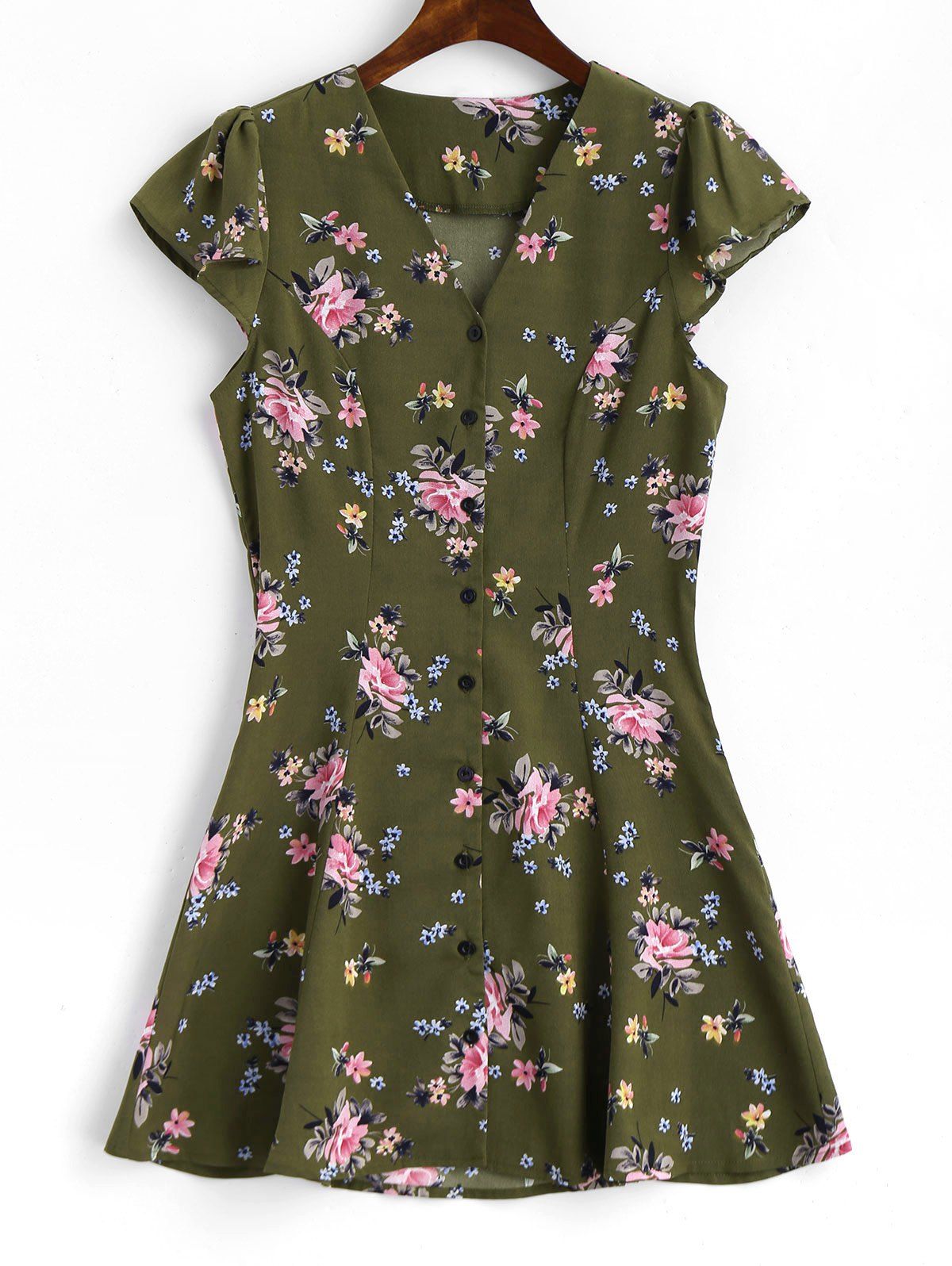 

Button Up Cap Sleeve Floral Mini Dress, Army green