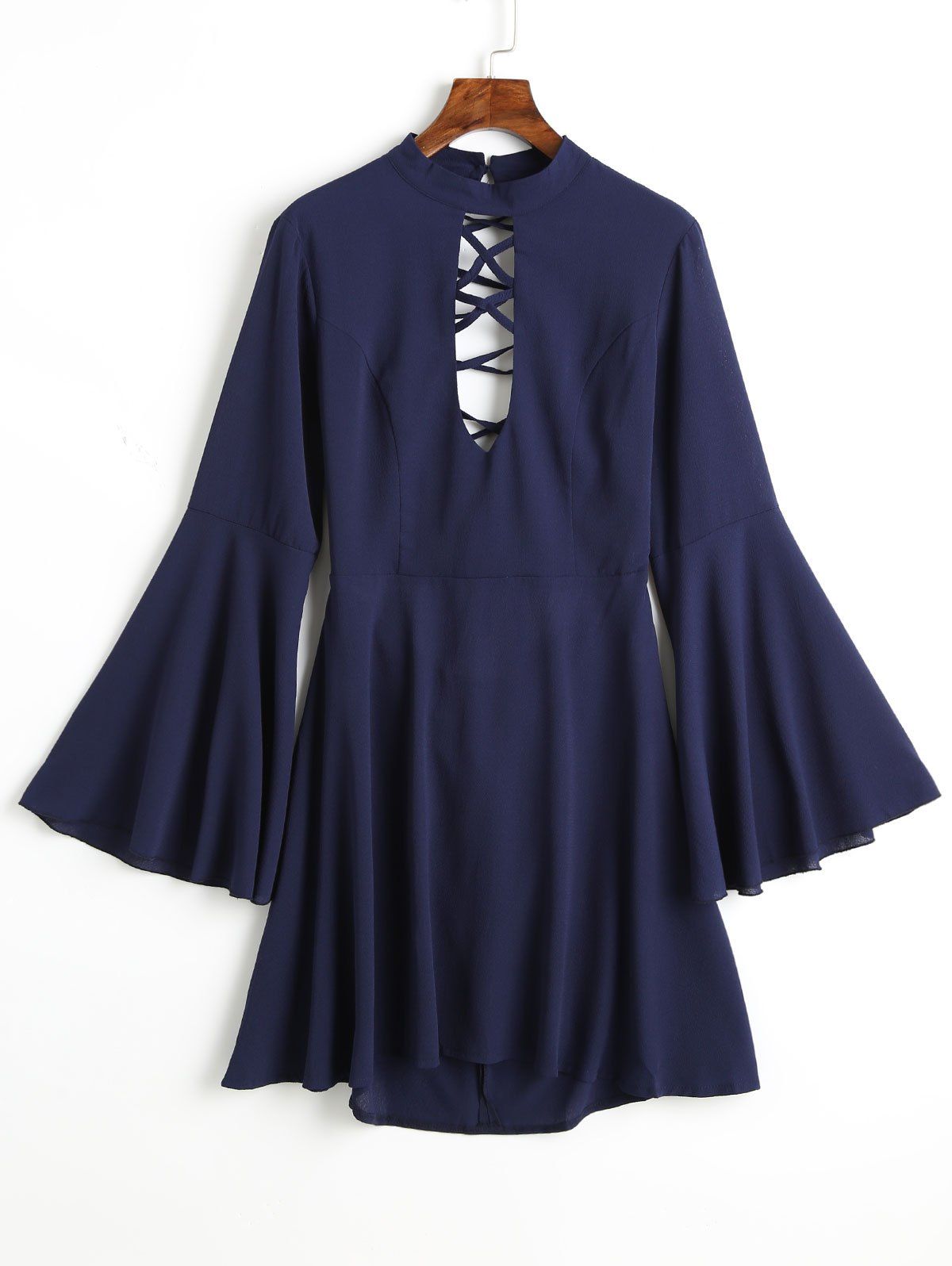 

Back Lace Up Keyhole Flare Sleeve Dress, Blue