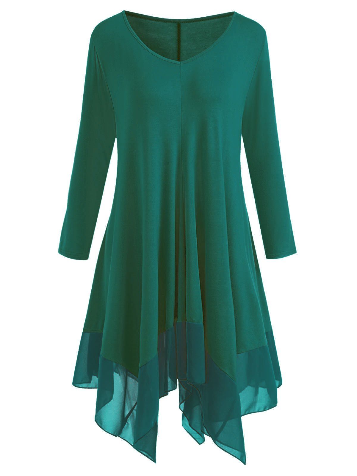

Plus Size Chiffon Panel Handkerchief Hem Dress, Deep green