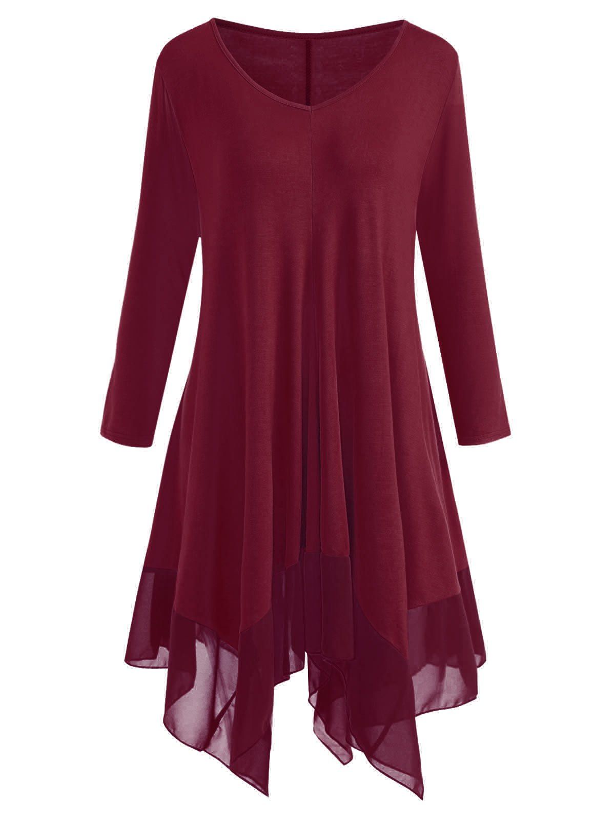 

Plus Size Chiffon Panel Handkerchief Hem Dress, Wine red