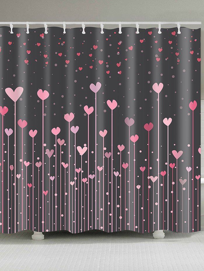 

Waterproof Valentine's Day Hearts Printed Shower Curtain, Pink and grey
