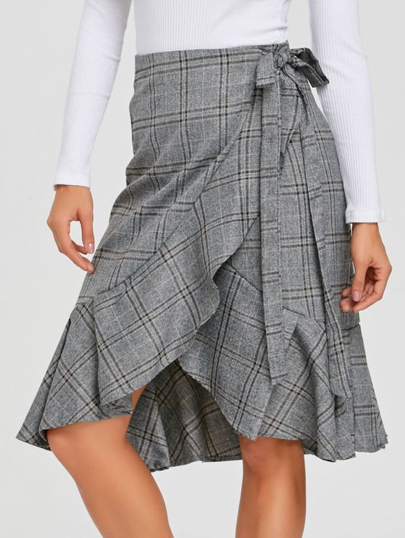 High Waisted Ruffled Plaid Wrap Skirt - GRAY ONE SIZE