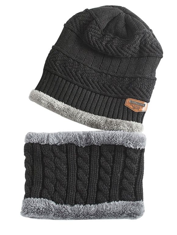Bonnet et écharpe en tricot orné d'une étiquette - Noir 