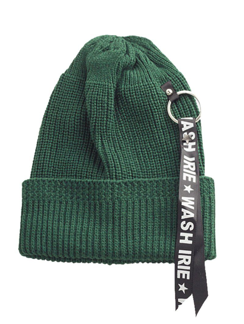 

Outdoor Letter Label Decorated Knitted Ring Beanie, Green