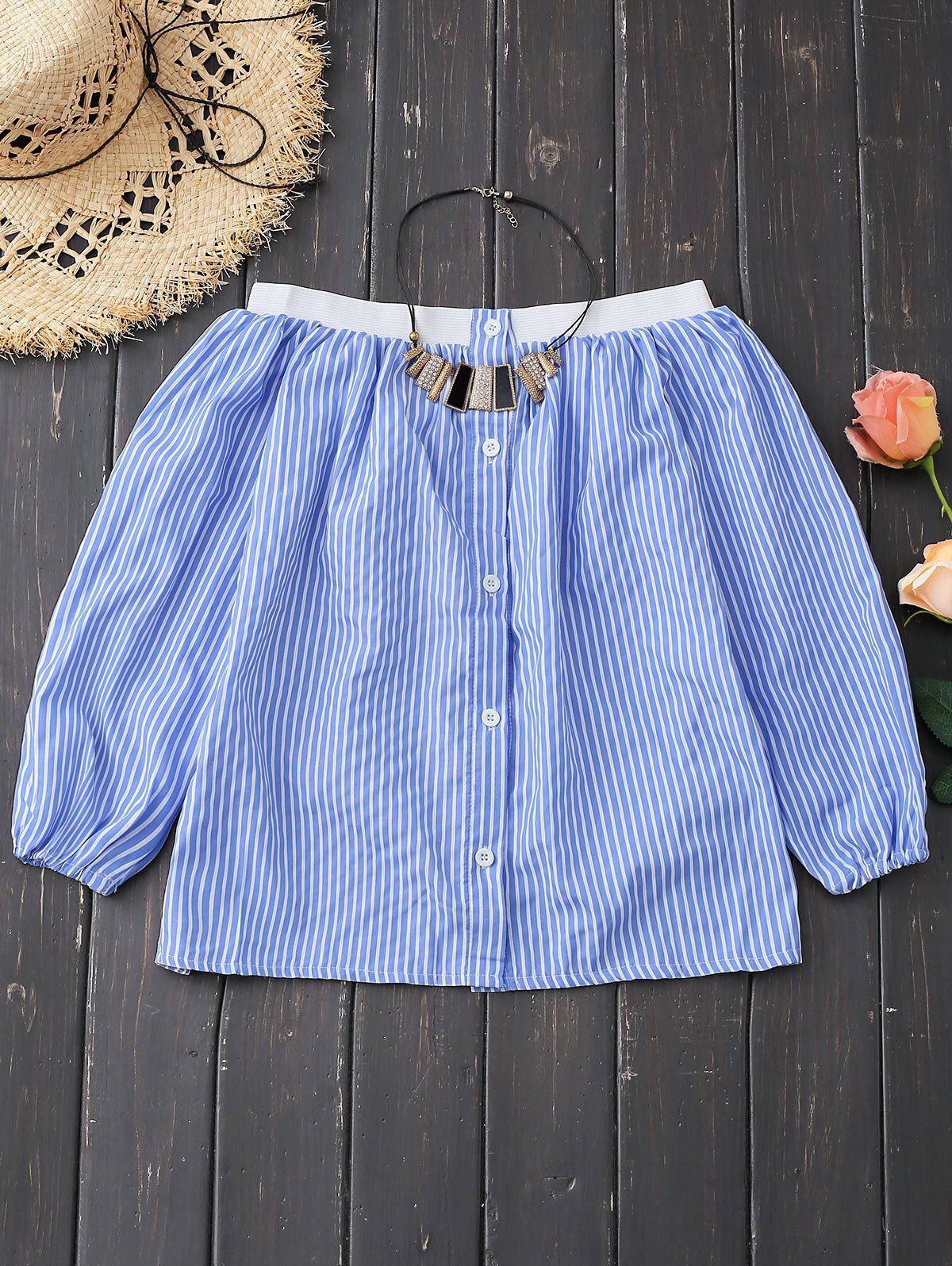 

Button Up Off Shoulder Striped Blouse, Blue