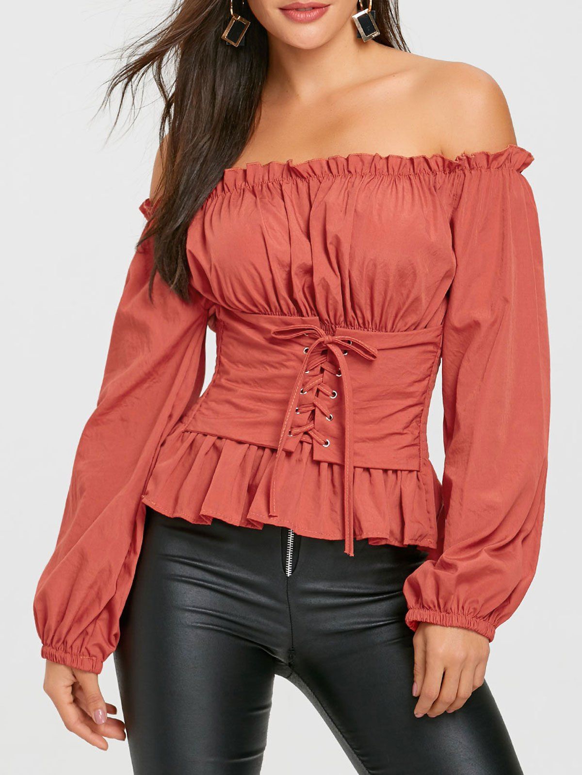 

Lace Up Smocked Off The Shoulder Blouse, Jacinth