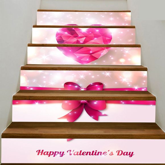 Autocollants d'Escaliers à Imprimé Cœur et Nœud pour la Saint-Valentin - Rose 100*18CM*6PCS