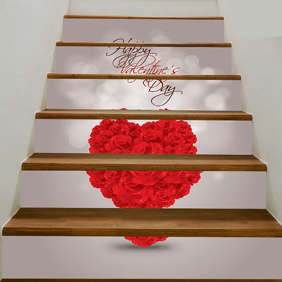 Autocollants d'Escaliers Décoratifs Motif Cœur en Roses pour la Saint-Valentin - Rouge 100*18CM*6PCS