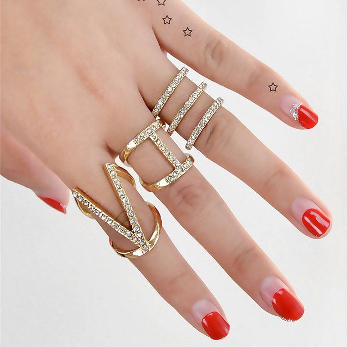 [41 OFF] 2021 Rhinestone Geometric V Finger Cuff Ring Set In GOLDEN