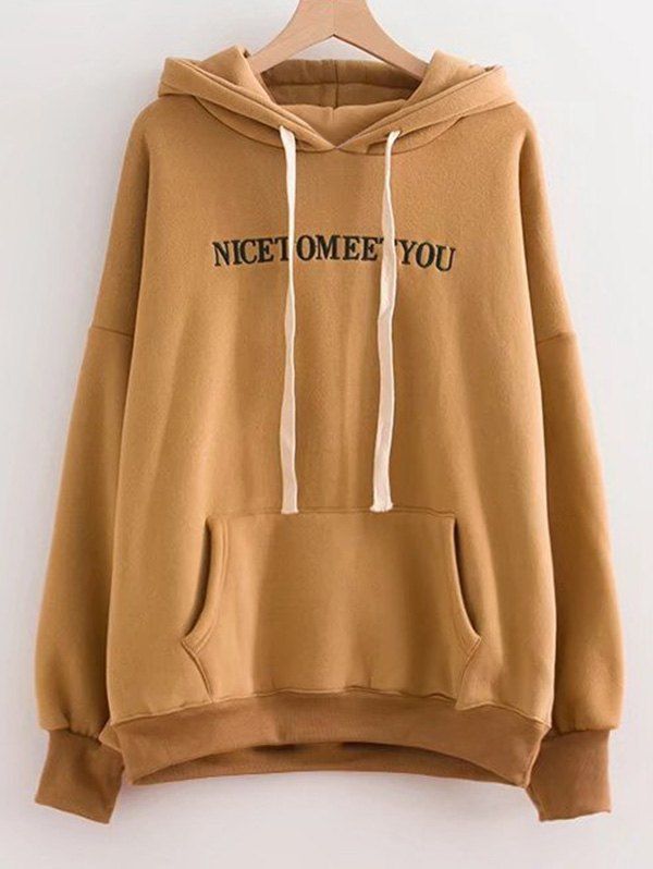 

Letter Embroidered Oversized Drawstring Hoodie, Khaki