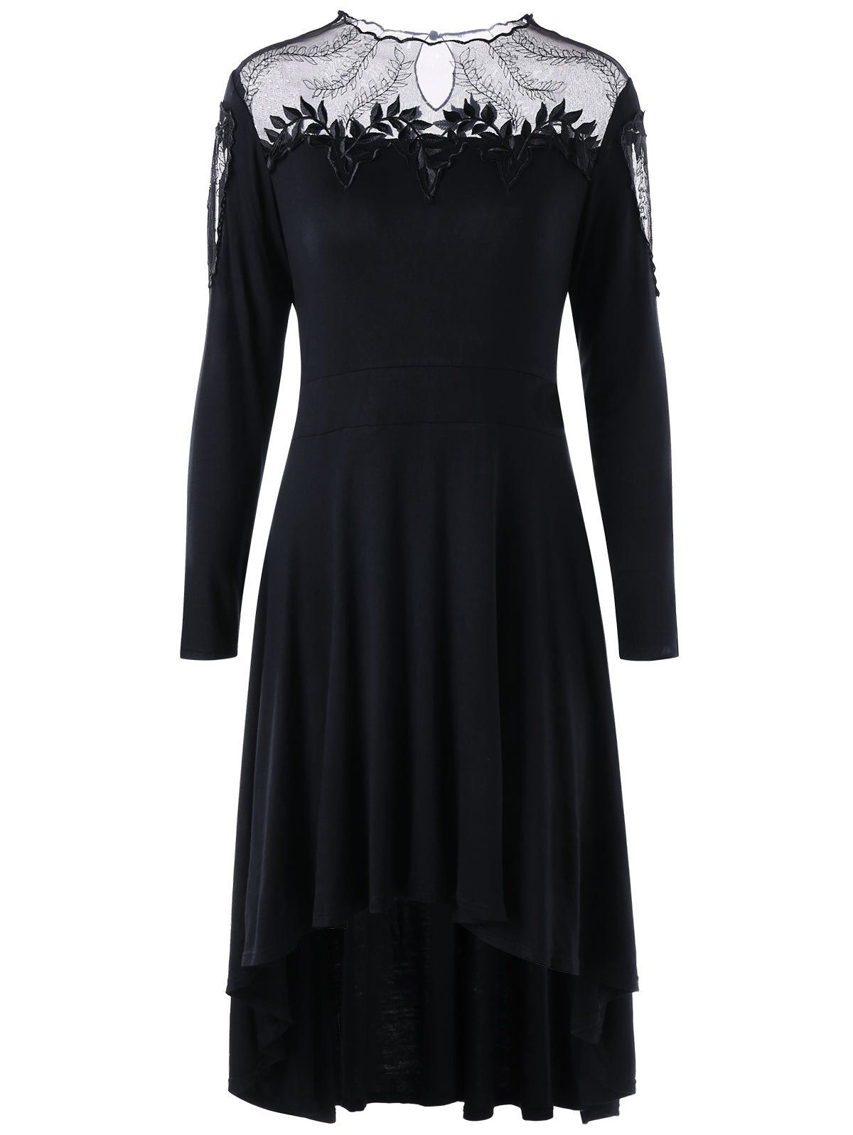 

Plus Size Applique Sheer High Low Hem Dress, Black