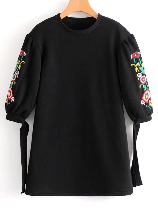 

Floral Embroidered Bow Tied Sleeve Mini Dress, Black