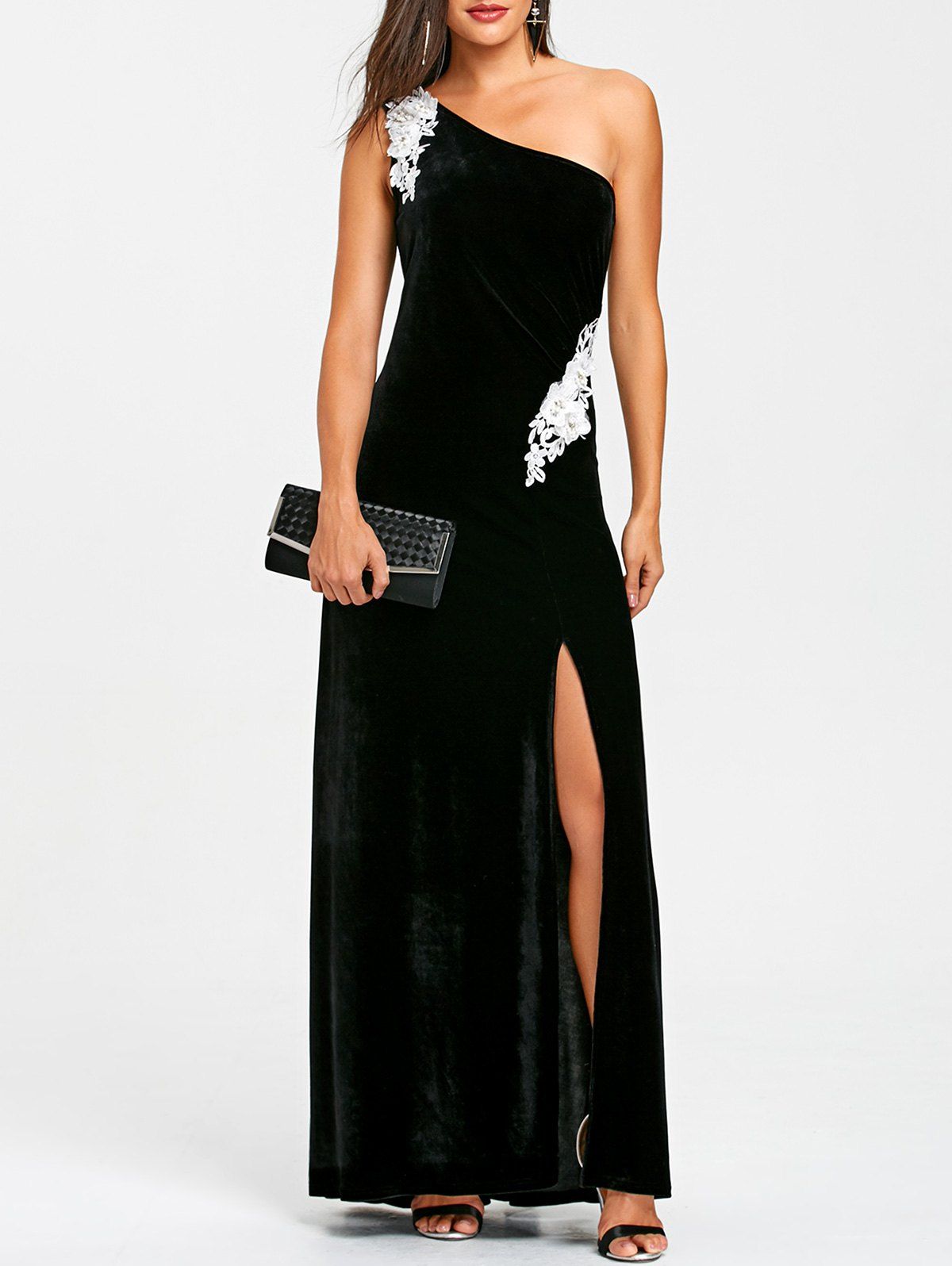 

Applique One Shoulder Formal Dress, Black