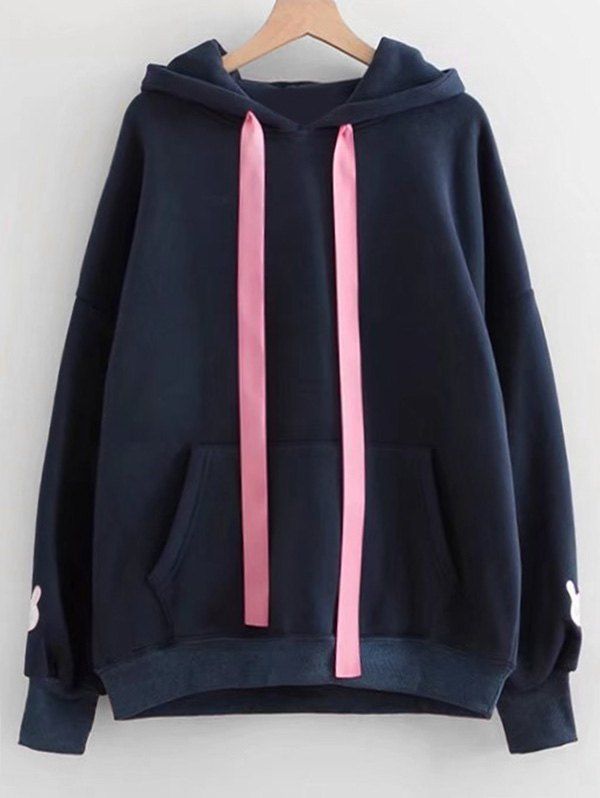 

Contrast Ribbon Rabbit Patches Hoodie, Purplish blue