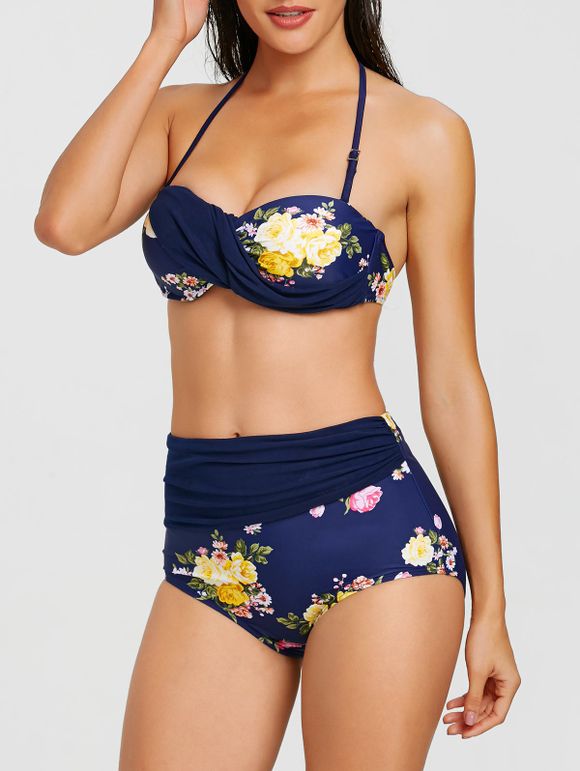 Ensemble de bikini à armatures à imprimé fleuri à taille haute - Azuré 2XL
