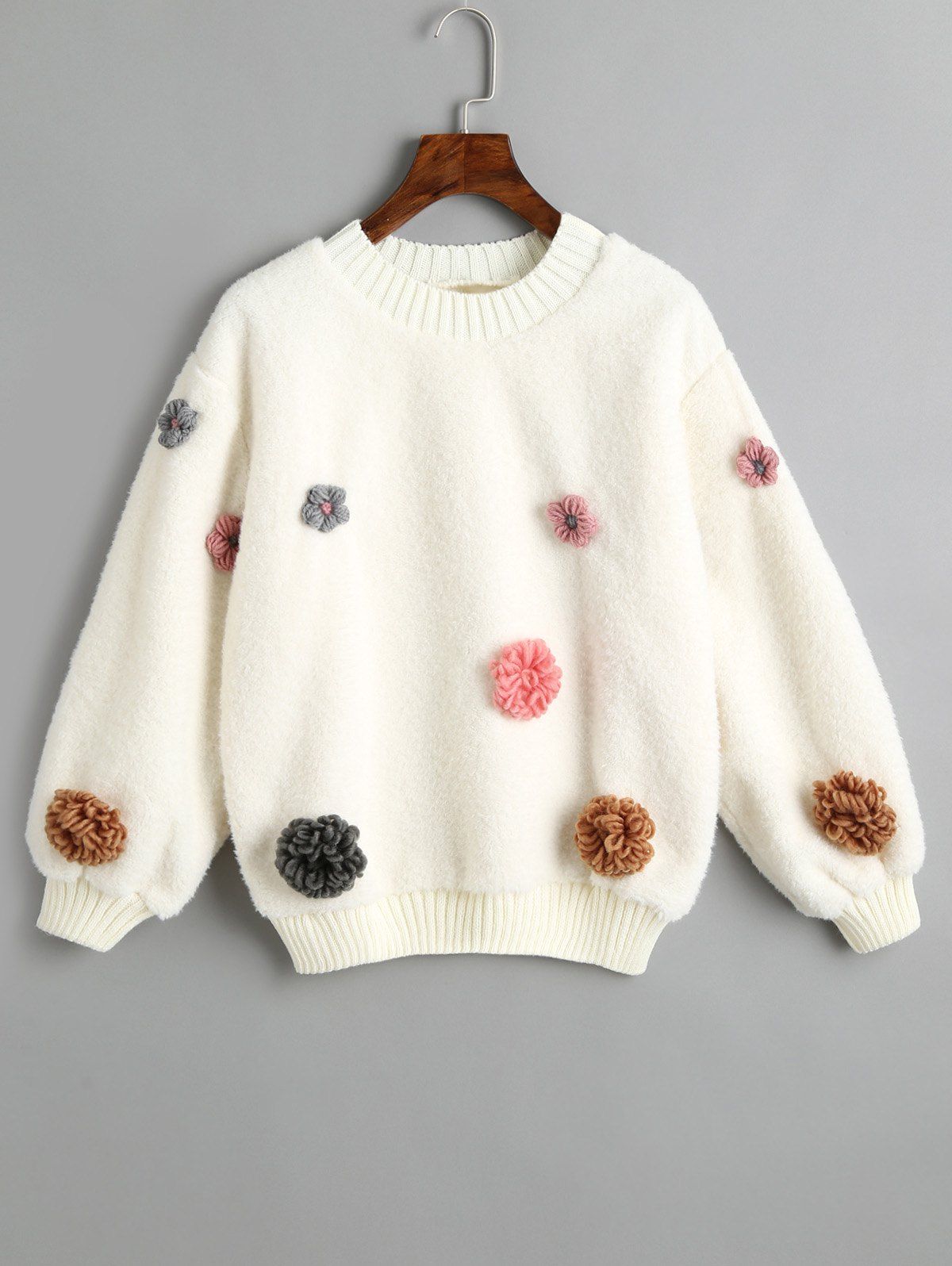 

Flower Appliques Shearling Sweatshirt, Off-white