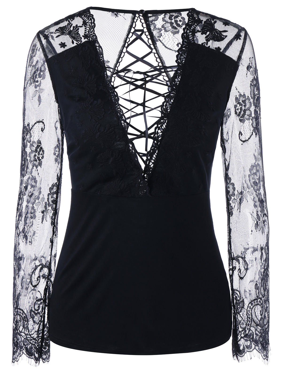 

Sheer Lace Up Plunging Neck Blouse, Black