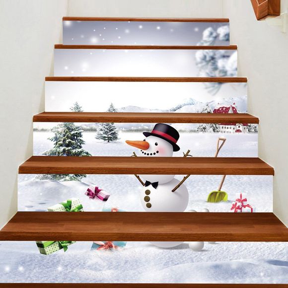 Autocollants d'Escaliers Motif Bonhomme de Neige et Cadeaux dans un Paysage Enneigé - Blanc 100*18CM*6PCS