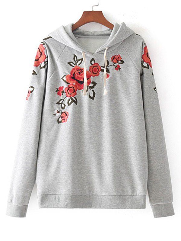 

Floral Embroidered Drawstring Loose Hoodie, Gray