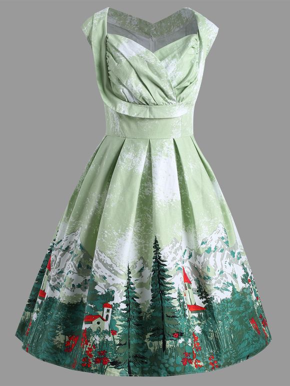 Robe Noël Drapée Imprimé Forêt Vintage Grande Taille - Vert clair 2XL