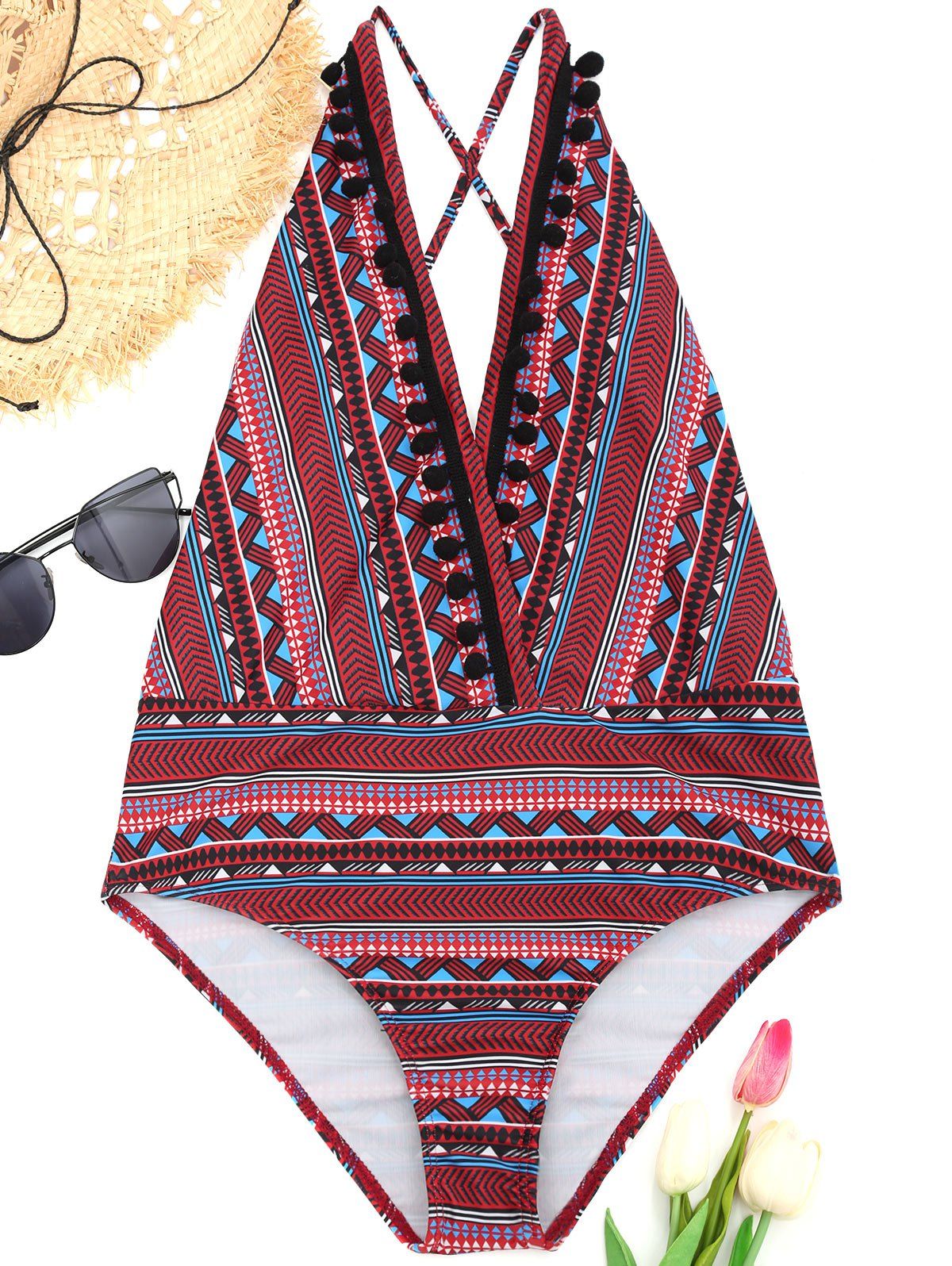 

Tribe Print Plunging Neck Swimwear, Colormix