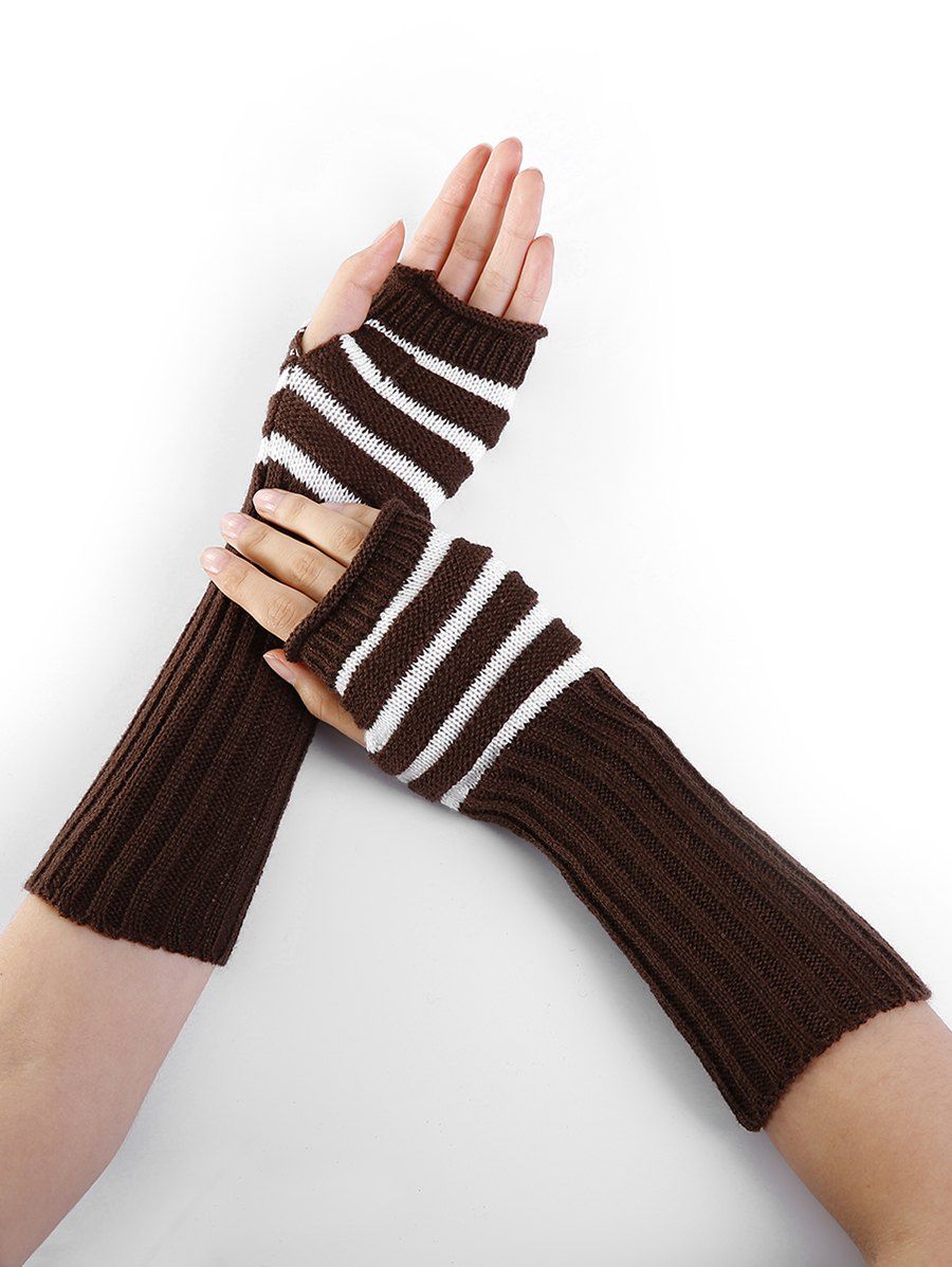 

Striped Pattern Knitted Exposed Finger Gloves, Coffee