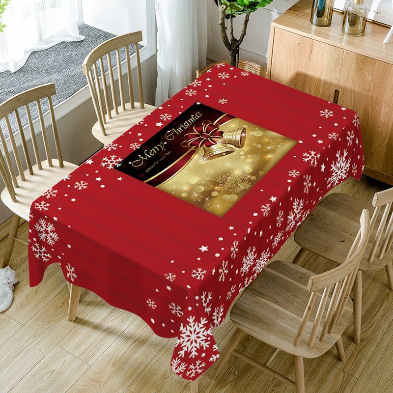 

Christmas Bells Snowflakes Print Waterproof Table Cloth, Red