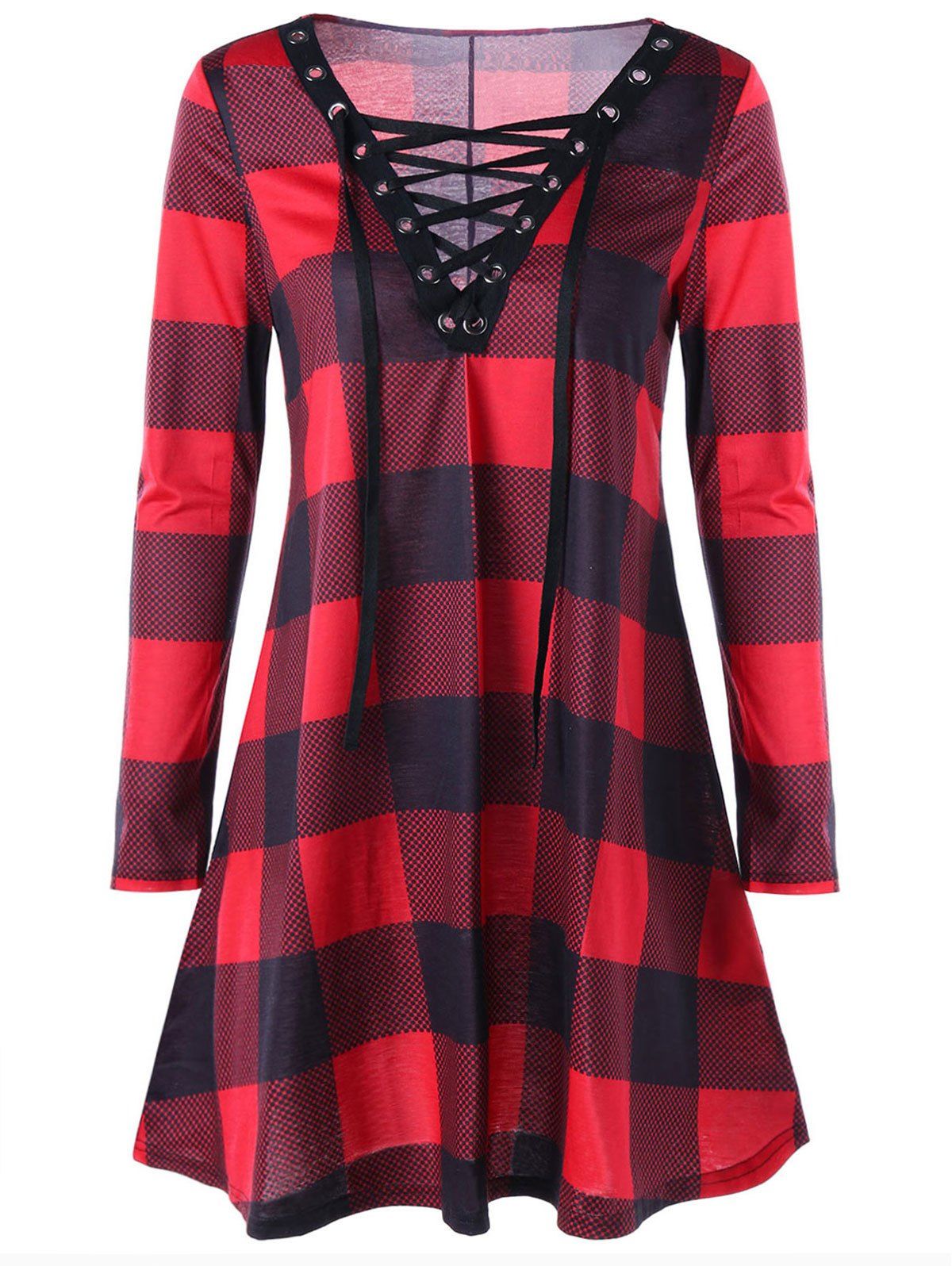 

Plus Size Plaid Lace Up Tee Dress, Red