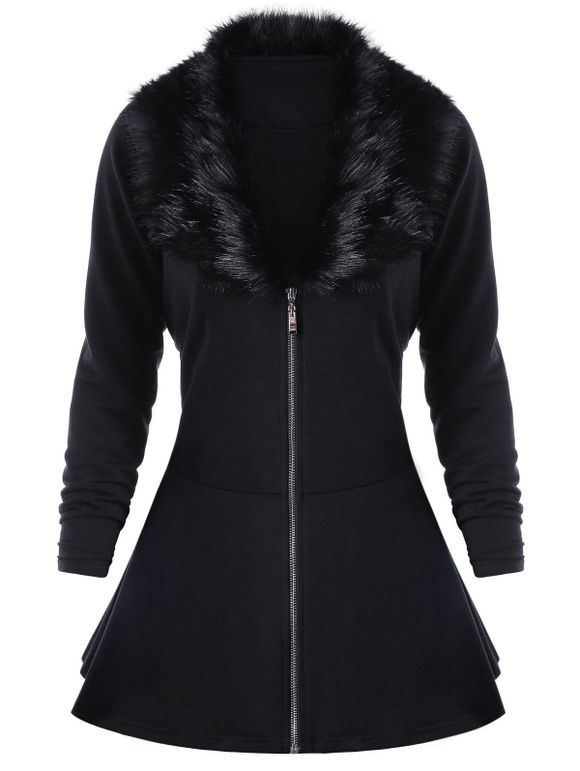 Manteau Simple à Col avec Fausse Faurrure Grande Taille - Noir 5XL