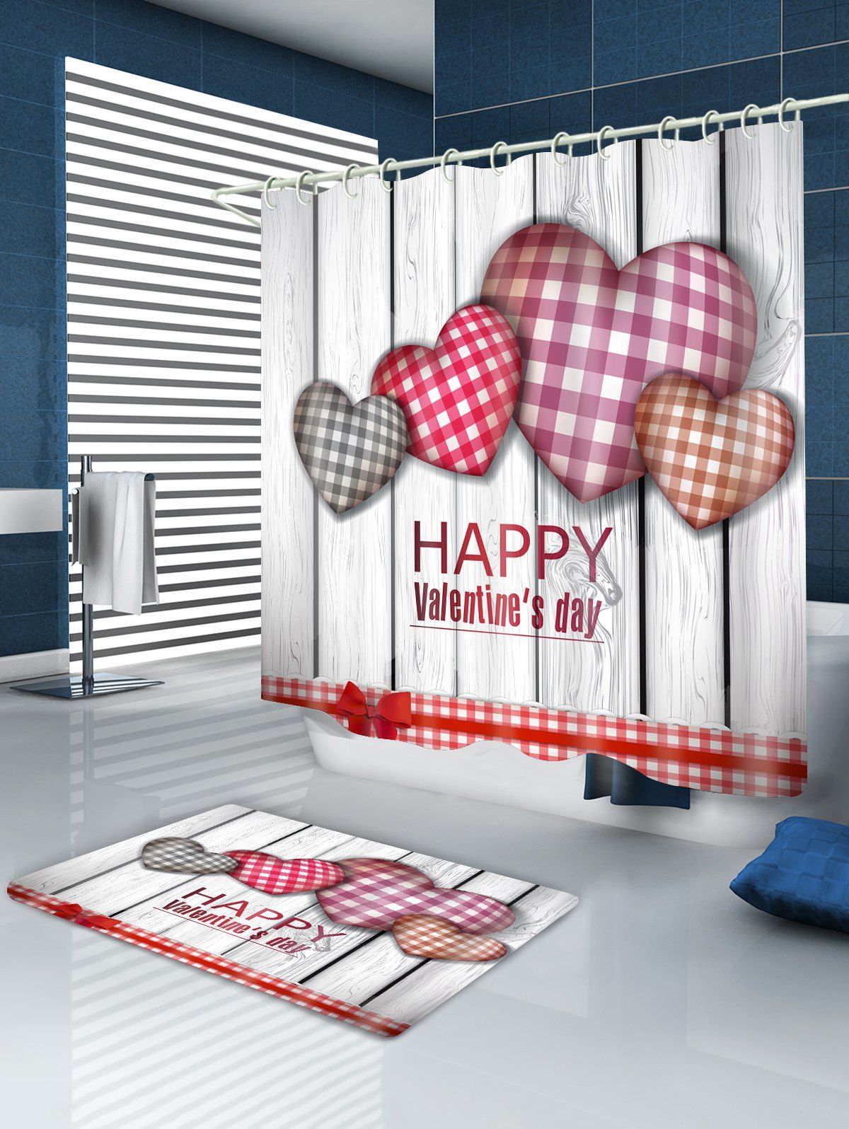 2018 Plaid Heart Valentine's Day Waterproof Shower Curtain COLORFUL W