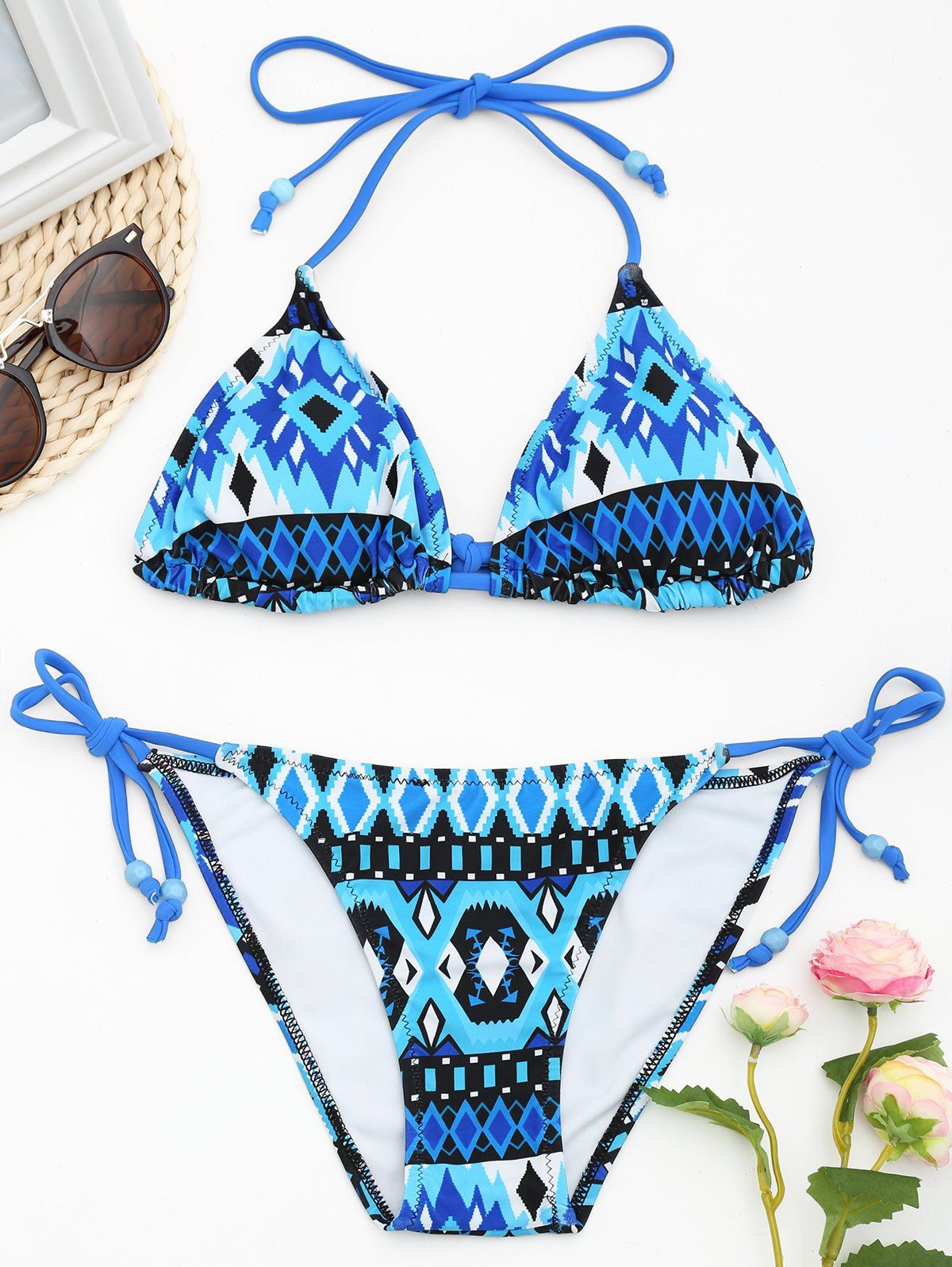 

Low Waisted Aztec Print String Bikini Set, Blue