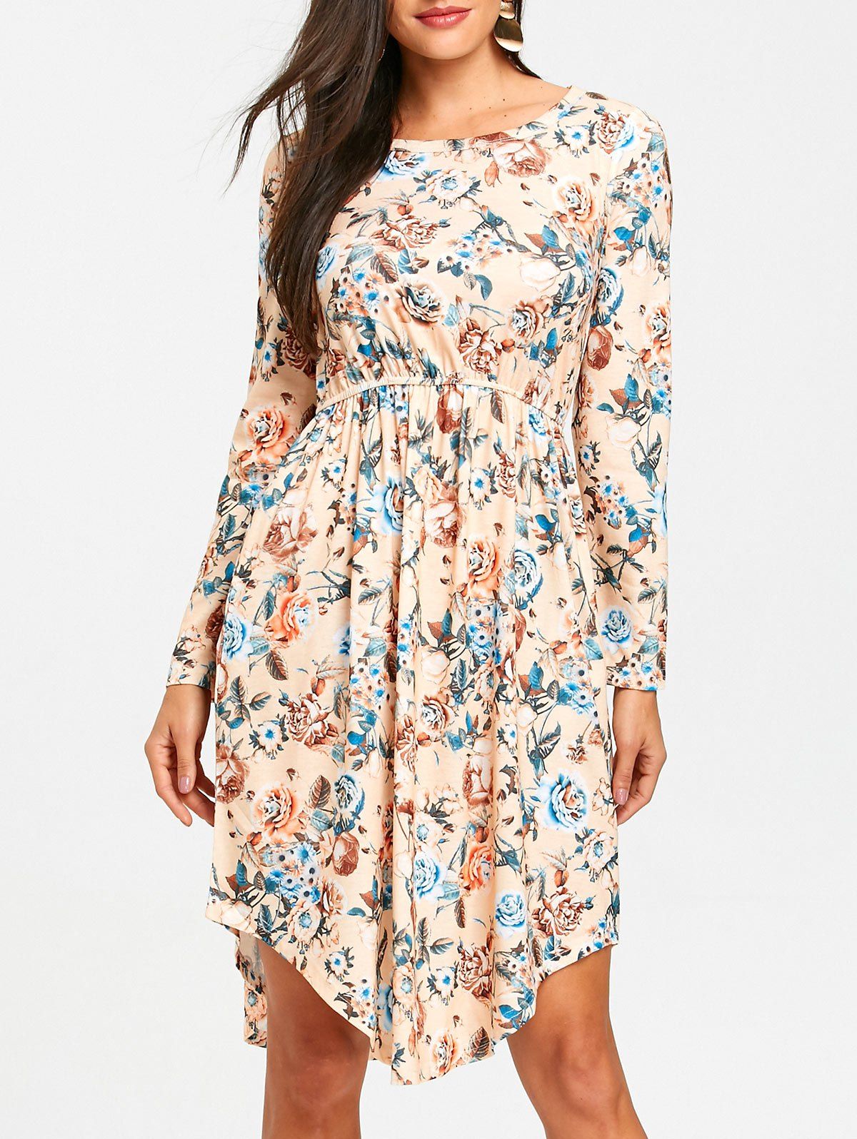 

Elastic Waist Round Hem Floral Print Dress, Palomino
