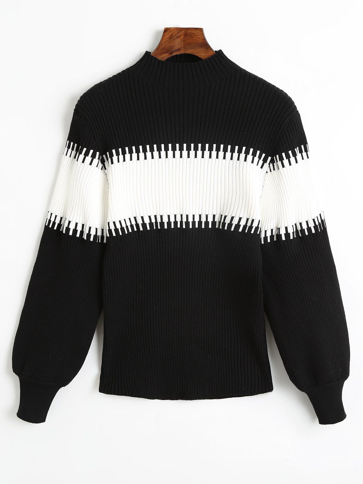 

Lantern Sleeve Slash Neck Contrast Sweater, Black