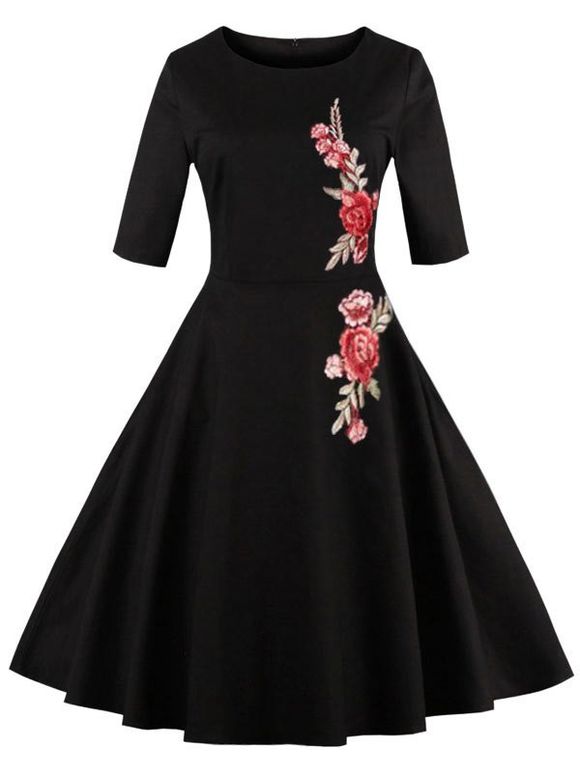 Robe Vintage Évasée à Broderie Florale - Noir 2XL