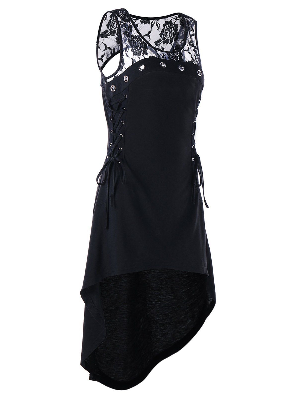 

Lace Up Sleeveless Dip Hem Dress, Black