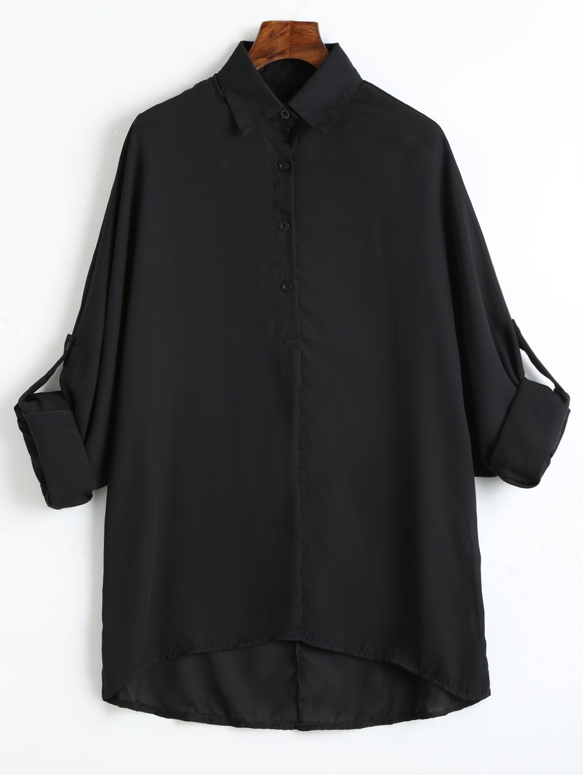 

Plus Size Roll Up Sleeve High Low Chiffon Blouse, Black