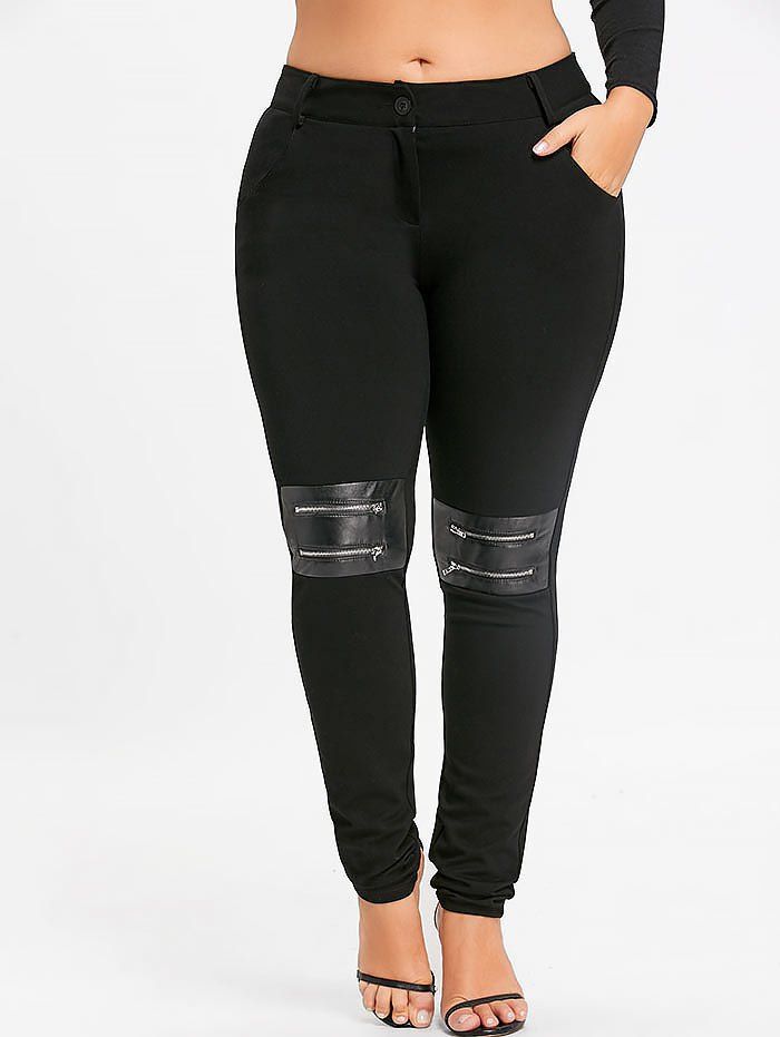 

Plus Size Zippers Embellished Fitted Pants, Black
