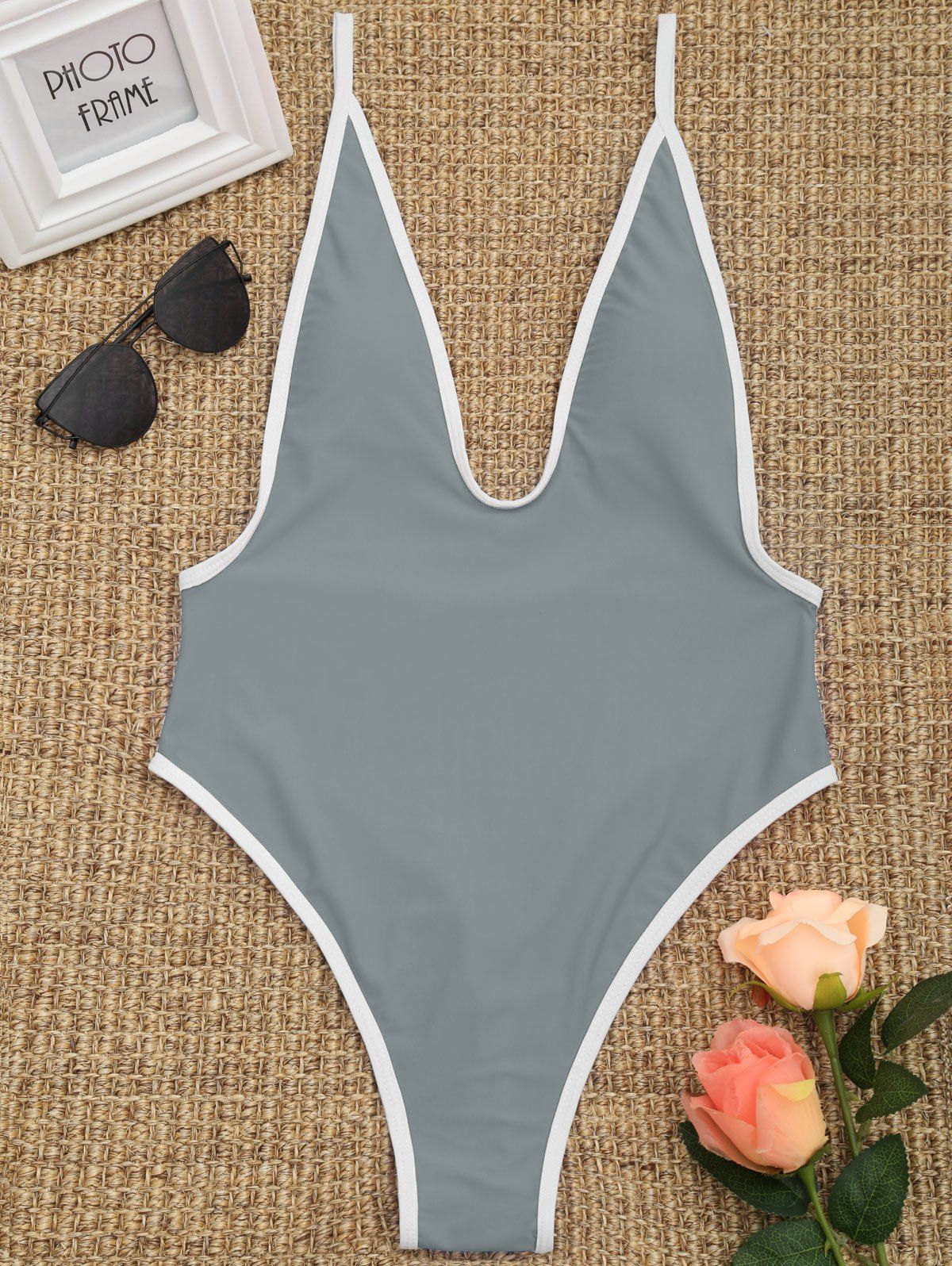 

Contrast Trim High Cut Thong Swimsuit, Gray
