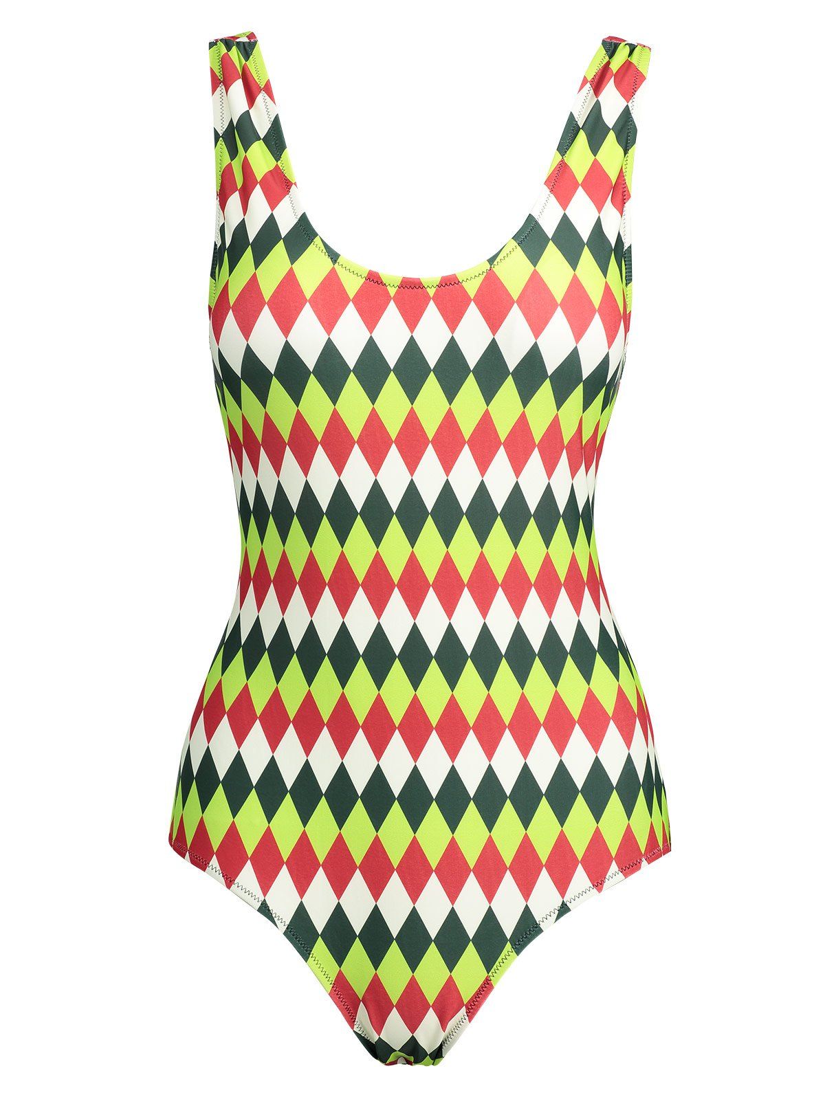

Rhombus Print Backless Plus Size Swimsuit, Colormix