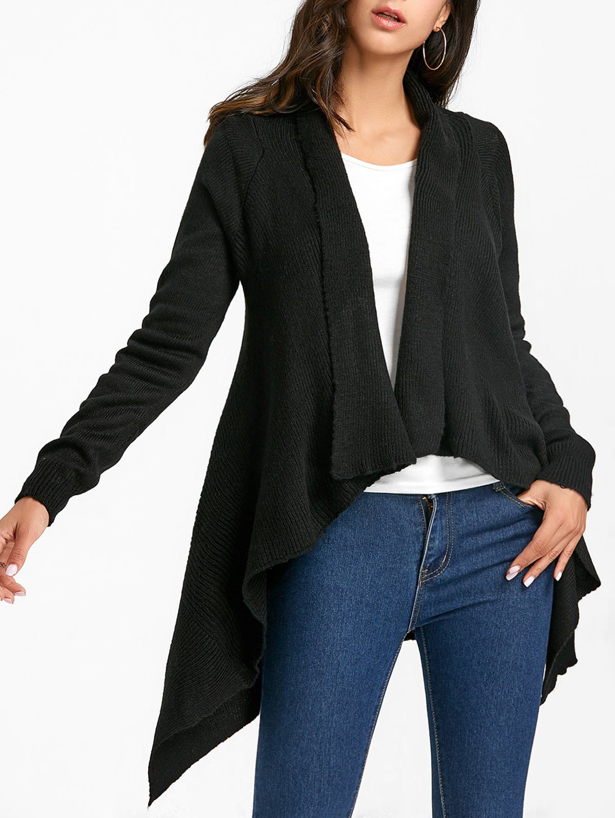 

Shawl Collar Knitted Asymmetric Cardigan, Black