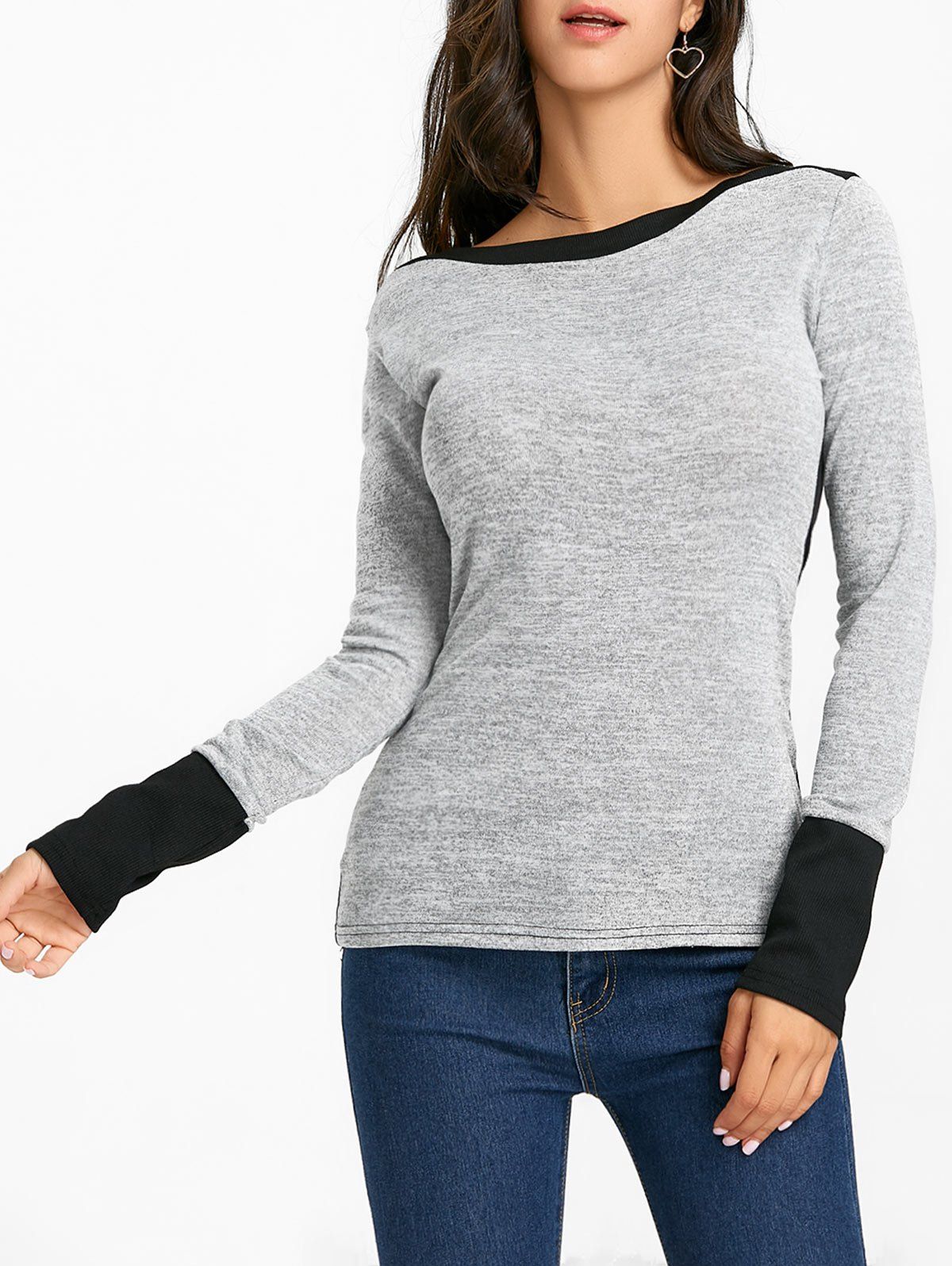 

Boat Neck Color Block Knit Top, Gray