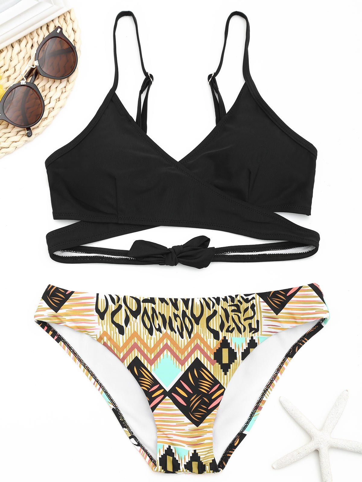 

Contrast Printed Wrap Bikini Set, Black