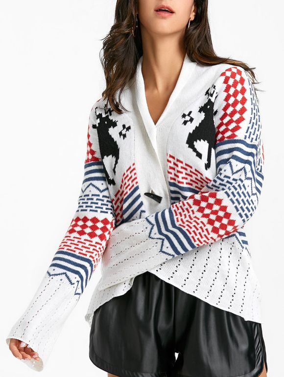 Cardigan tricoté en jacquard de cerf avec boutons corne de Noël - Blanc XL