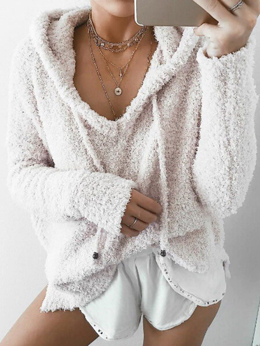 

Drawstring Fuzzy Hoodie, White